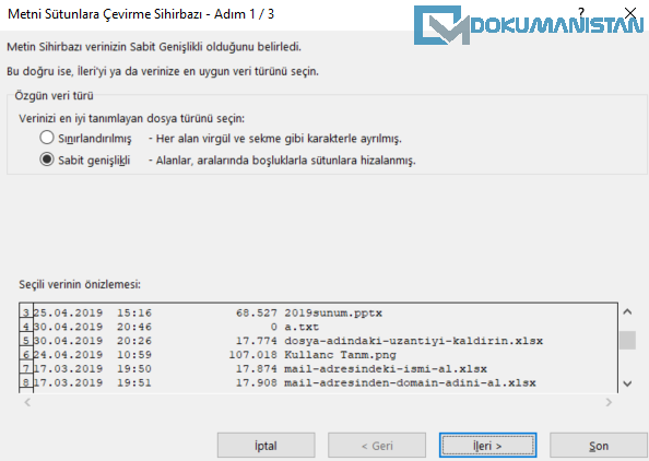 Excel MEtni Sütunlara Dönüştür