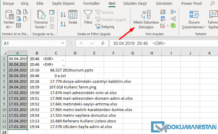 Excel Metni Sütunlara Dönüştür