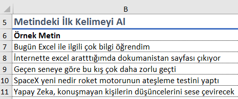 Hücredeki Cümleden İlk Kelimeyi Al