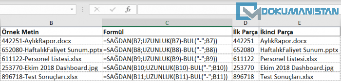 Excel Metindeki Belirli Karakterden Bölme Örnek Listesi