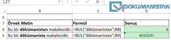 Excel Cümledeki kelime arama İlk Adım