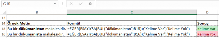 Excel Cümledeki kelime arama Sonuç