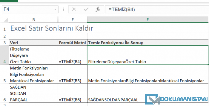 Excel Satır Sonu Temiz Fonksiyonu