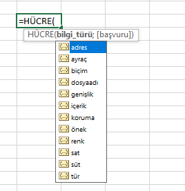 Hücre Fonksiyonu Bilgi Türü Parametreleri