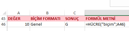 Hücre Fonksiyonu Genel Biçim Formatı
