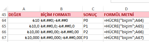 Hücre Fonksiyonu Para Birimi Biçim Formatı