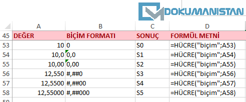 Hücre Fonksiyonu Sayısal Biçim Formatı