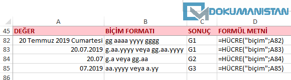 Hücre Fonksiyonu Tarihsel Biçim Formatı