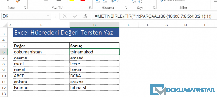 Excel Hücredeki Değeri Tersten Yaz