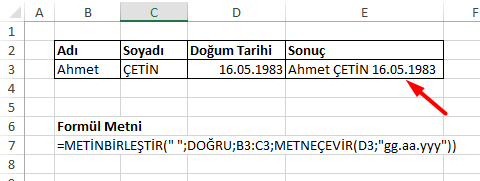 Metin ile Tarih değerlerini METİNBİRLEŞTİRME ve METNEÇEVİR Fonksiyonu ile Birleştirme Çözüm