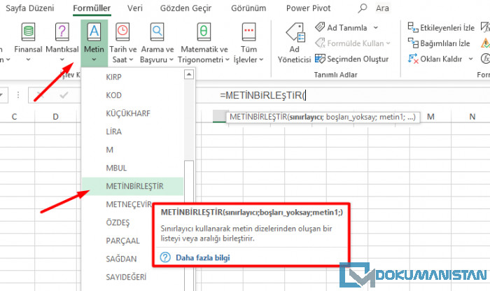Excel METİNBİRLEŞTİR Fonksiyonu Nerede
