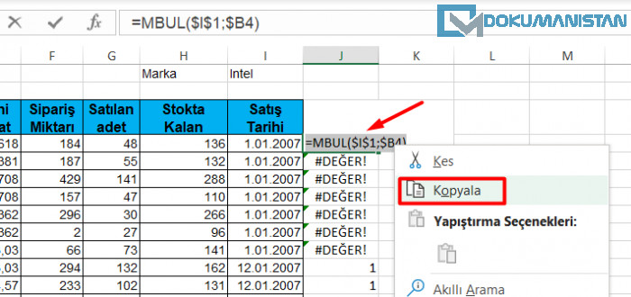 MBUL Formülünü Koşullu Biçimlendir Formülüne Yapıştır