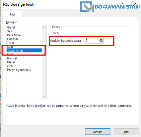 Hücre Biçimlendir Sayı Yüzde Oranı