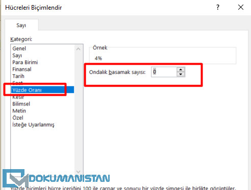 Hücre Biçimlendir Yüzde Oranı
