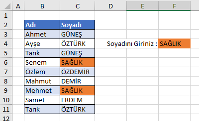 Koşullu Biçimlendirme ÖZDEŞ Örneği
