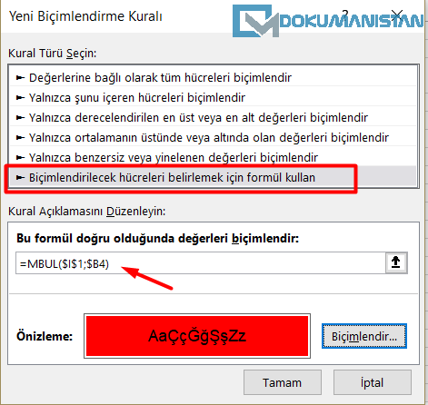 Koşullu Biçimlendirme MBUL Formülü