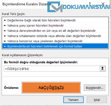Koşullu Biçimlendirmede ÖZDEŞ Fonksiyonu