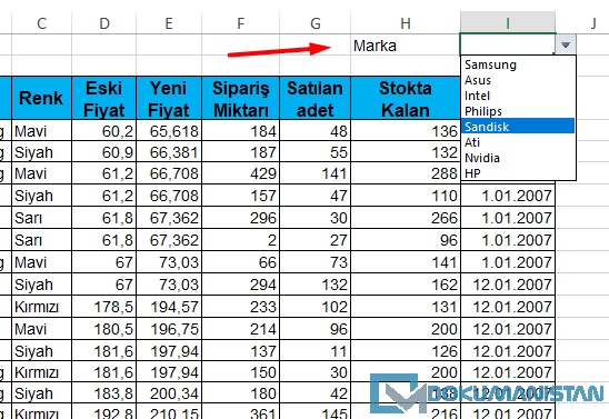 Marka Satırı Veri Doğrulama