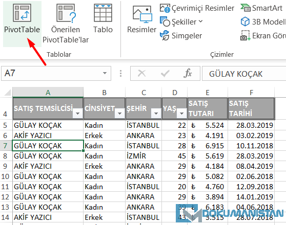 Pivot Tablo Seçimi
