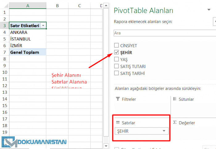 Özet Tablo Şehir Alanı Satırlar Alanına Sürükle