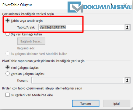 PivotTable ÖzetTablo Oluştur Ekranı