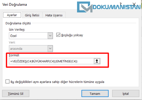 Veri Doğrulamada Formül Yazma