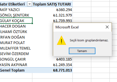 ÖzetTablo Metinsel Gruplama Hatası