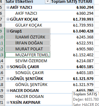 Özet Tablo Metinsel Gruplama İşlemi Birinci Adım