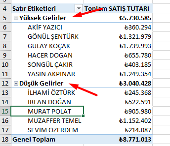 Özet Tablo Metinsel Gruplandırma İşlemi Grup Adı Değiştirme