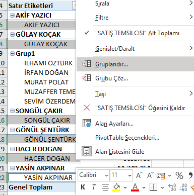 Özet Tablo Metinsel Gruplandırma İşlemi İkinci Adım