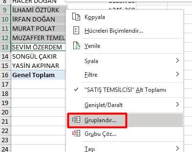 ÖzetTablo Metinsel Gruplama İşlemi