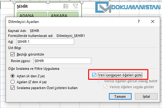 Dilimleyici Veri İçermeyen Öğeleri Gizle