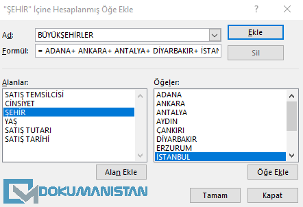 Hesaplanmış Öğe Ekranı