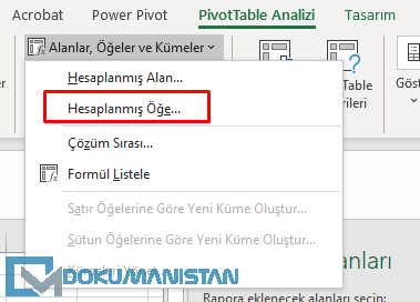 Hesaplanmış Öge Menüsü