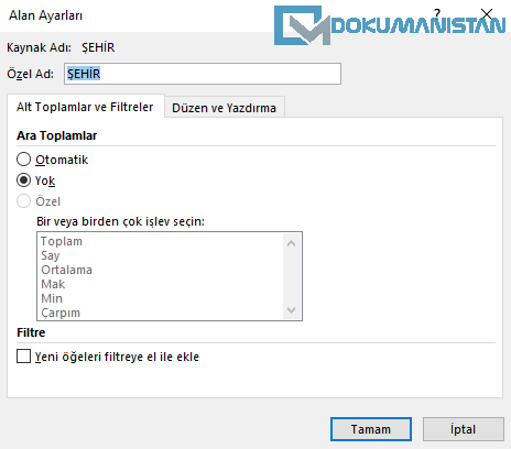 Pivottable Alan Ayarları