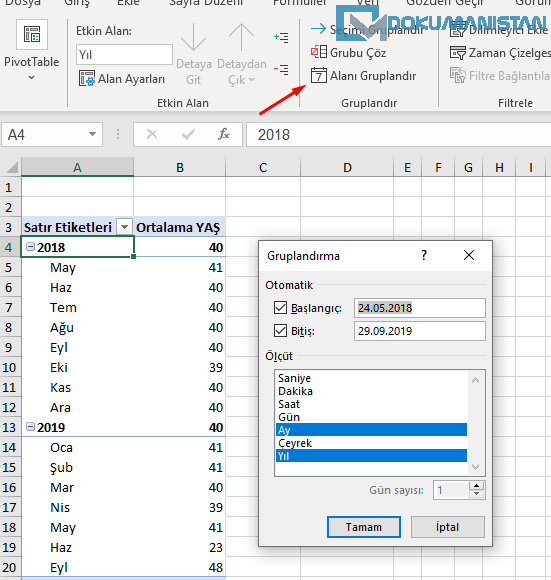 PivotTable Alanı Gruplandır