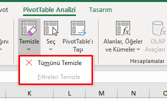 PivotTable Analizi tümünü Temizle