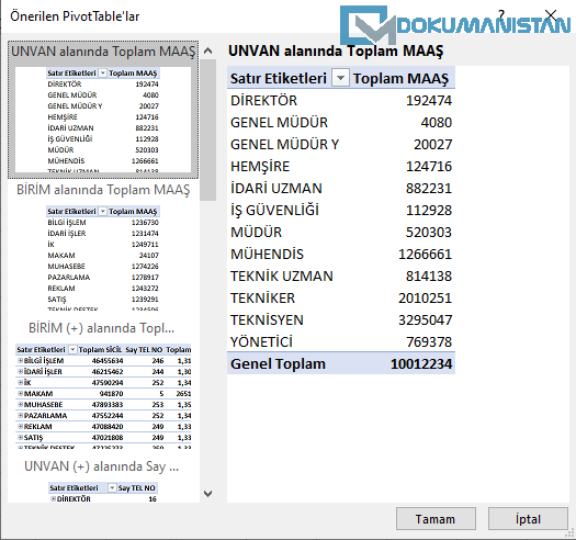 PivotTable Önerileri
