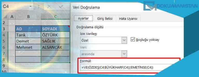 Excelde Büyük Harf Girmeye Zorla