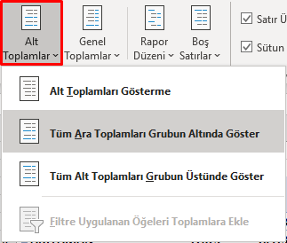 PivotTable Tasarım Alt Toplamlar Alanı