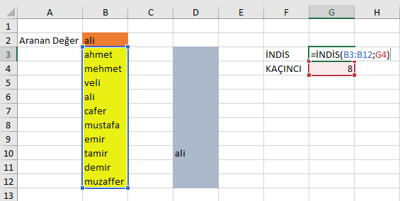 İNDİS Fonksiyonu Örneği