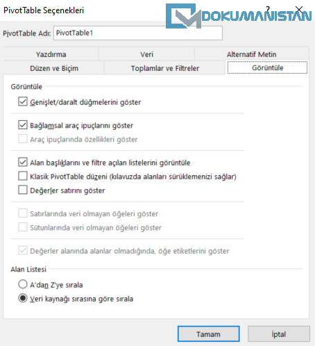 PivotTable Seçenekleri Görüntüle Sekmesi