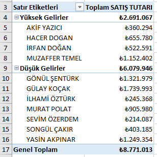 PivotTable Tasarım Örnek Veri