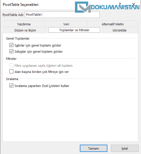 Toplamlar ve Filtreler Sekmesi