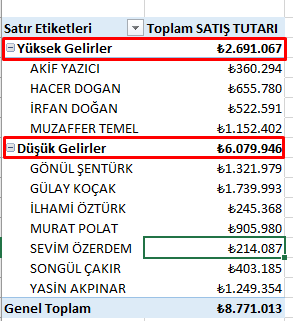 Tüm Alt Toplamları Grubun Üstünde Göster