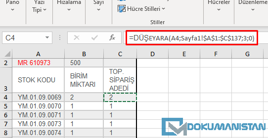 DÜŞEYARA le Sipariş Adedi İşlemi