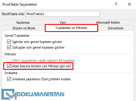 Toplamlar ve Filtreler Sekmesi - Alan Başına birden çok filtreye izin ver