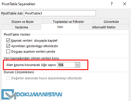 Alan Başına korunacak öğe Sayısı