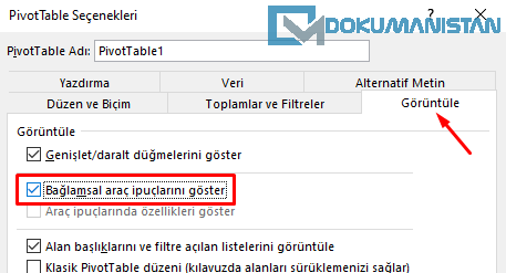 Bağlamsal Araç İpuçlarını Göster Seçimi