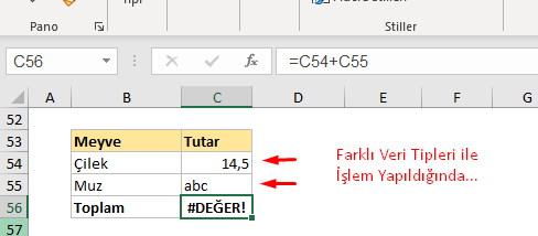 Excel #DEĞER!&nbsp;Hatası (#VALUE! ) Hata Kodları